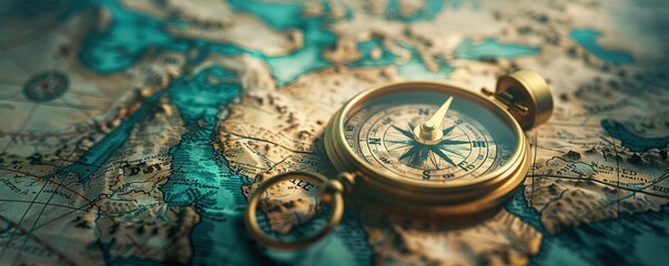 A gold compass on a blue and white color map