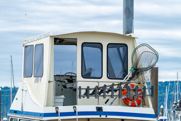 Closeup of a fishing boat in a harbor