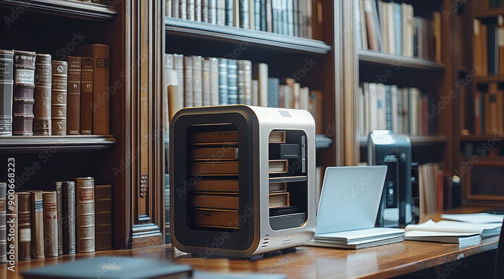 Leinwandbilder a slick machine on a desk, its collects books and makes a document out of it. generative ai.