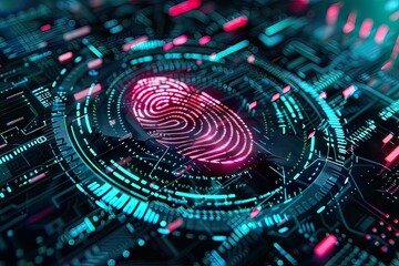 Fototapeta premium Digital fingerprint on a circuit board, illuminated with neon lights