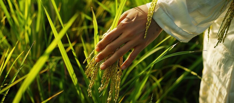 A hand is touching green rice plants in a rice field