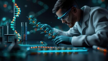 Scientist conducting DNA research in a lab, focusing on molecular structures and experiments under vibrant, glowing light.