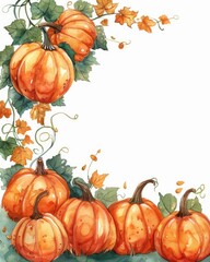A vibrant watercolor illustration of pumpkins surrounded by autumn leaves, perfect for fall-themed designs and seasonal decor.