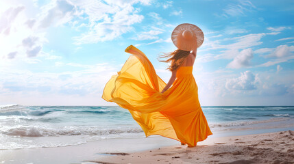A woman with flowing yellow dress and wide brimmed straw hat enjoying beach escape