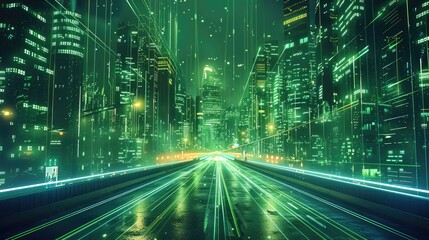 Night city street with road and green neon illumination, metaverse technology glow buildings perspective view. Urban architecture, megalopolis infrastructure in darkness. Generative AI.