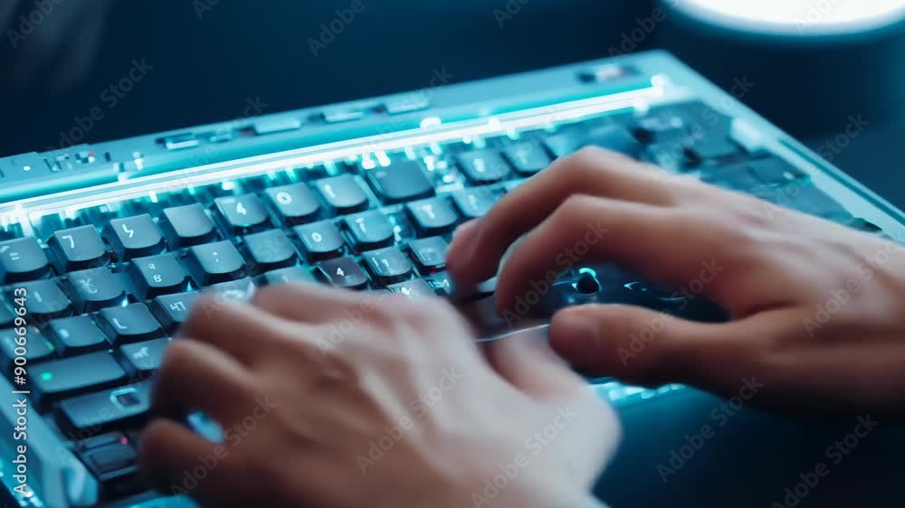 Aufkleber hands on keyboard while working, technology background