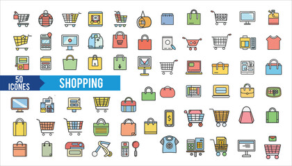 Fototapeta premium Shopping icon collection set.Containing add to cart, remove, basket, bag, t shirt, calculator, monitor, Online shopping, store, delivery, promotion and shopping cart symbol icon.Simple flat vector.