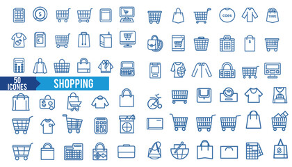 Shopping icon collection set.Containing add to cart, remove, basket, bag, t shirt, calculator, monitor, Online shopping, store, delivery, promotion and shopping cart symbol icon.Simple flat vector.