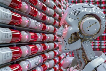 Robot inspecting rows of red capsules in a futuristic lab