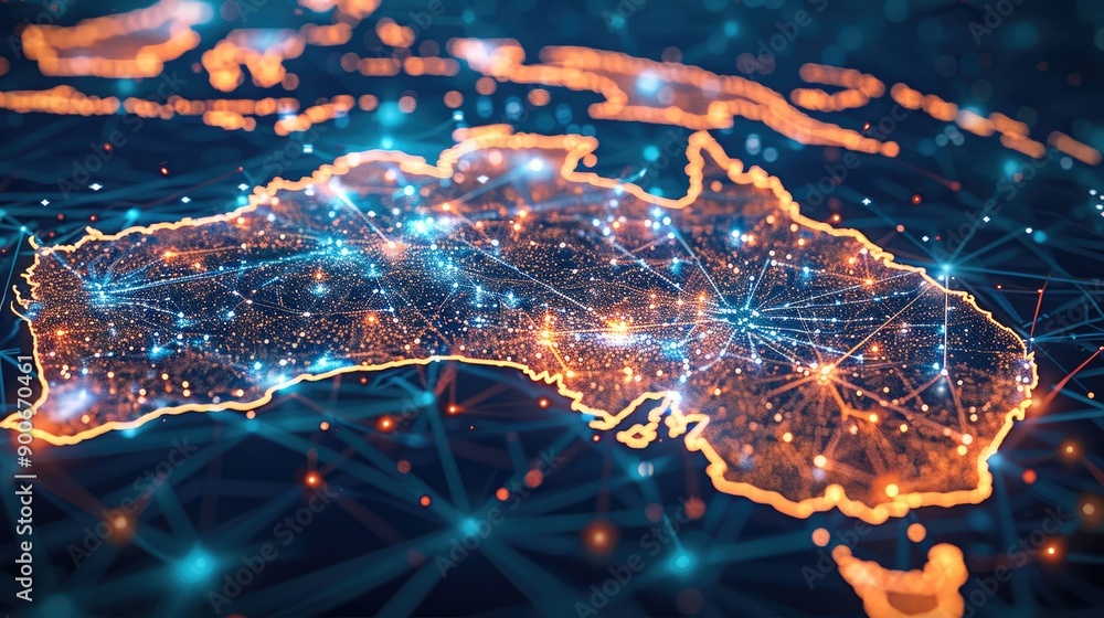 Fototapete digital map of australia highlighting network connectivity and data transfer for tech business telec