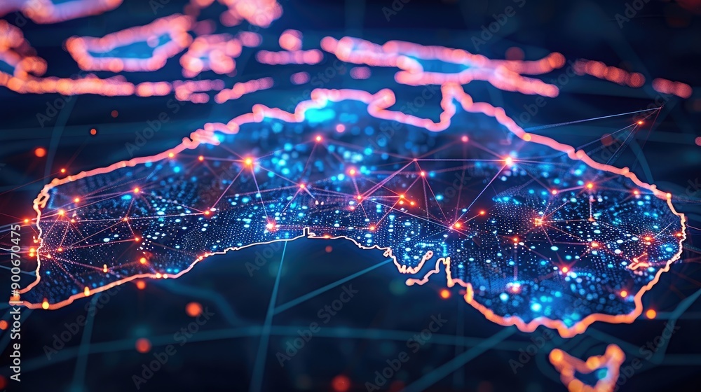 Fototapete Digital map of Australia highlighting network connectivity and data transfer for tech business telecommunications. Generative AI.