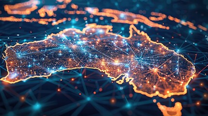 Fototapeta premium Digital map of Australia highlighting network connectivity and data transfer for tech business telecommunications. Generative AI.