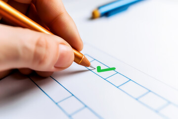 Close-up of a hand checking off a box on a checklist with a green pencil. Concept of task completion, organization, and productivity. high quality.