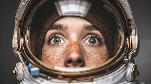 Portrait of a beautiful young woman in a spacesuit. She looks into the camera with a surprised expression on her face. Space image. An exploration of the science fiction universe. Illustration. - Powered by Adobe