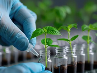 A scientist uses a dropper to nurture young plant sprouts in glass vials, showcasing advanced plant growth techniques.