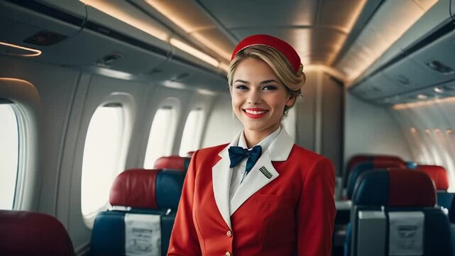 Beautiful smiling girl stewardess on the plane professional