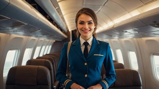Beautiful smiling girl stewardess on the plane professional