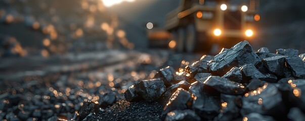 A black coal in a mine with a yellow truck background