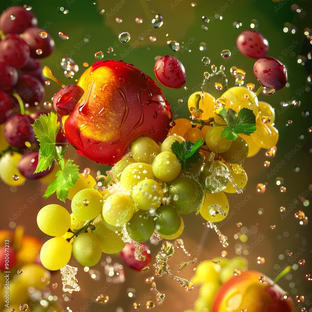 Canvas Prints Vibrant fruit splash in midair. Fresh grapes and apple scattered in water droplets. Dynamic and colorful still life image. Perfect for food and beverage advertising or promotion. AI