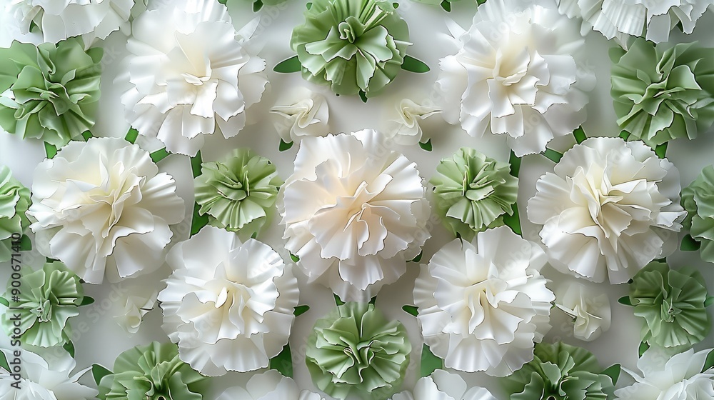 Aufkleber pure white background with white carnations mixed with green carnations. generative ai.