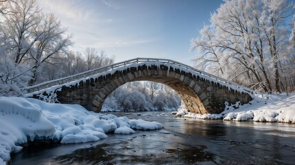 Historic Stone Bridge in Winter Wonderland, Snow-Covered River and Forest