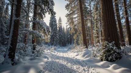 Winter Wonderland Forest Path with Snow-Covered Trees at Sunrise