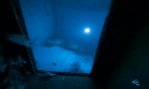 Halloween dark room with a window and a staircase