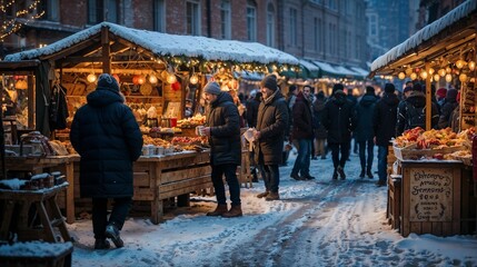 Fototapeta premium Winter Market Scene: Snowy Streets, Festive Stalls, Warm Clothing, Cozy Atmosphere, Seasonal Foods