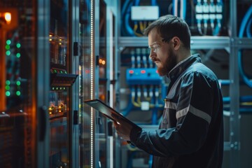 Engineer using tablet to inspect and repair electrical control panel in control room. Precision maintenance in industrial settings.