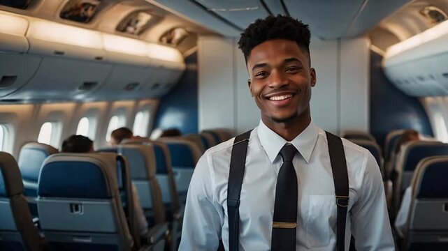  smiling african american male flight attendant on airplane

