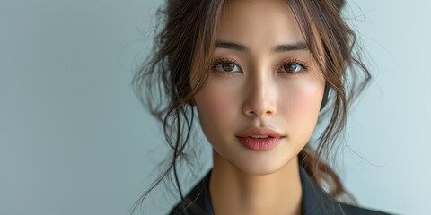 Fototapeta premium Elegant young woman with flawless skin. A closeup portrait showcasing natural beauty and perfect skin, ideal for skincare, beauty products, and lifestyle marketing campaigns