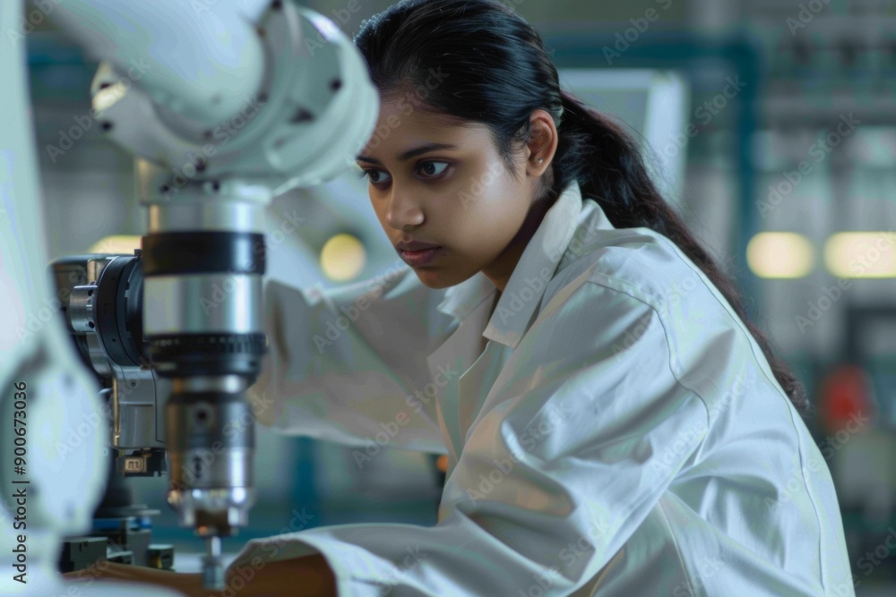 Wall mural young female engineer from india conducting research on an industrial robot arm, ensuring optimal pe