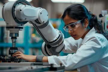 Young female engineer from India conducting experiments on an industrial robot arm, ensuring efficiency and reliability in factory operations. Technological advancement in manufacturing.