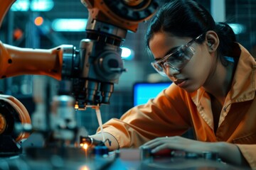 Young female engineer from India conducting experiments on an industrial robot arm in a factory workshop. Highlights technology and engineering expertise.