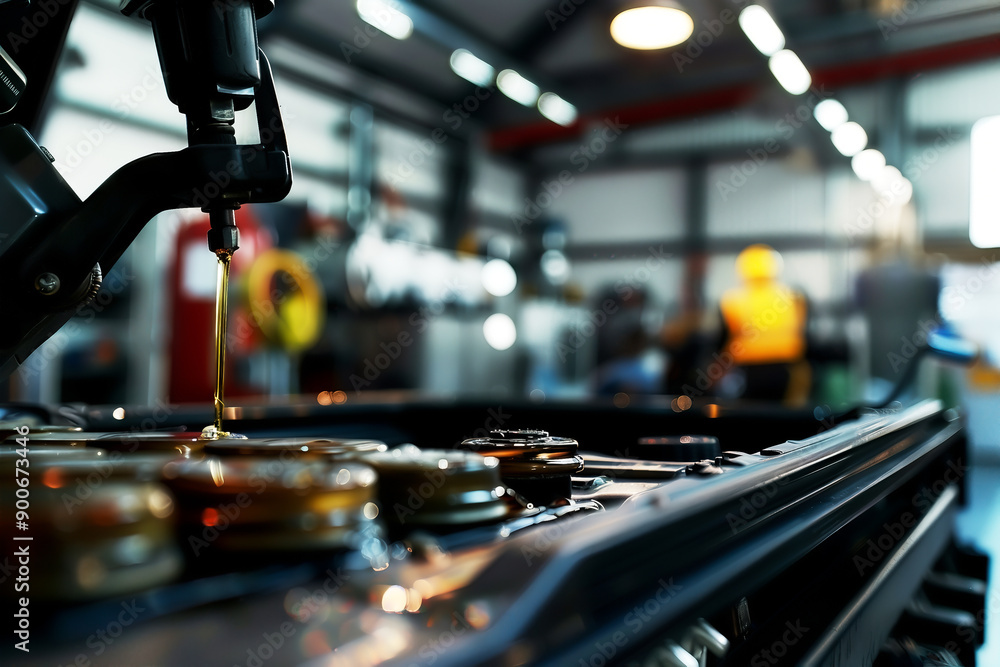 Poster close-up of industrial machinery in a factory setting with a worker in the background, showcasing ma