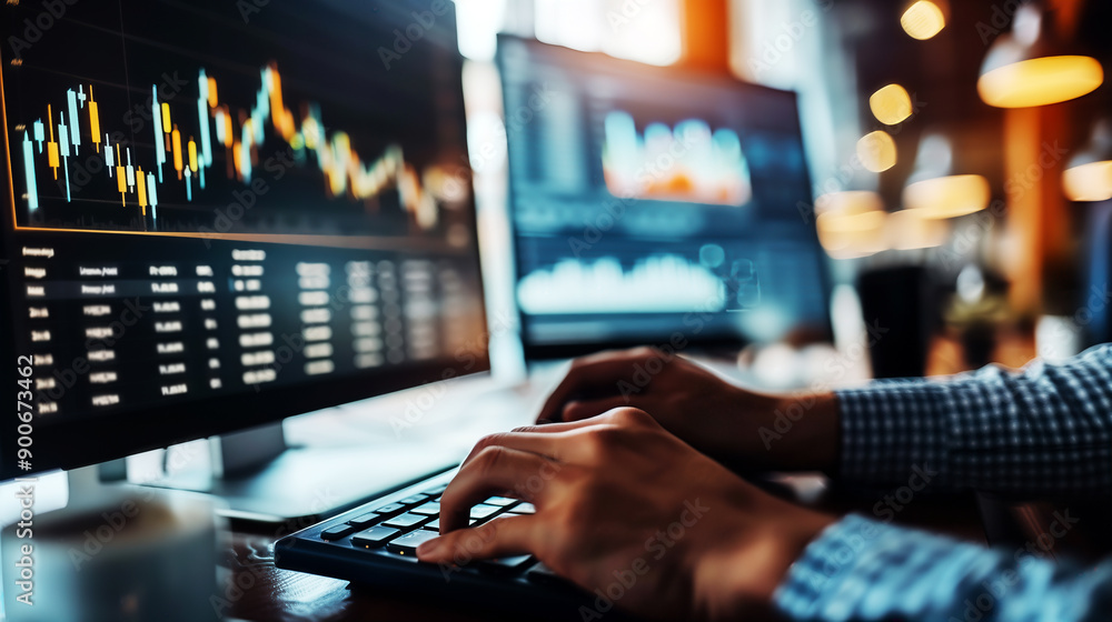 Poster close-up of hands typing on a keyboard with financial charts on computer screens in the background, 