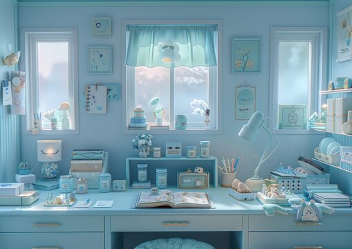 A school desk cluttered with various stationery and decorative items under a sunny window