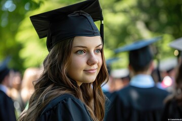 Female student wearing graduation gown and graduation cap outdoors.