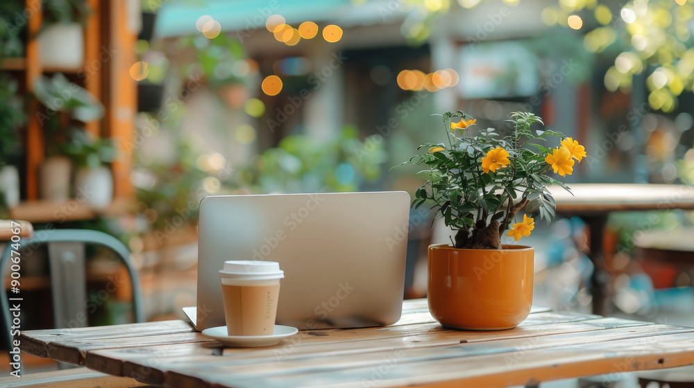 Poster a podcast setup in a coffee shop with a microphone, laptop, and a cup of coffee on the table. genera