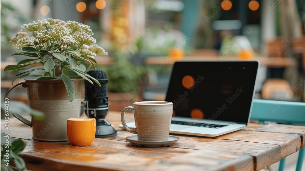 Poster a podcast setup in a coffee shop with a microphone, laptop, and a cup of coffee on the table. genera