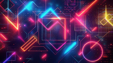 Glowing Neon Geometric Patterns on Dark Background