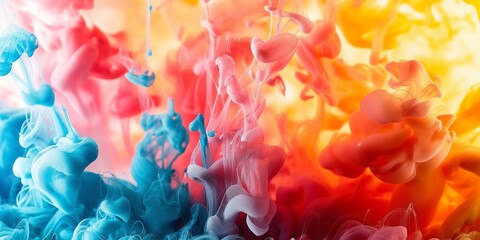 Fototapeta premium Vivid colorful ink drops in water background. An artistic blend of blue and red ink swirling creates a mesmerizing abstract design. Ideal for creative projects, advertising, and digital illustrations.