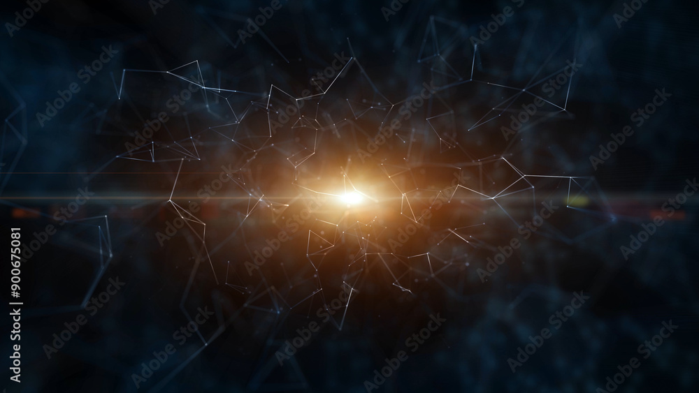 Poster abstract digital technology network with big shining light in the middle, glowing lines and dots bac