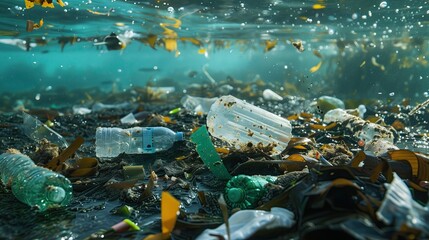 Plastic waste in the water. Pollution of the environment.