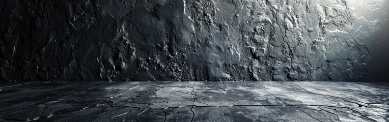 Fototapeta premium A dark room with a textured concrete wall and a cracked floor