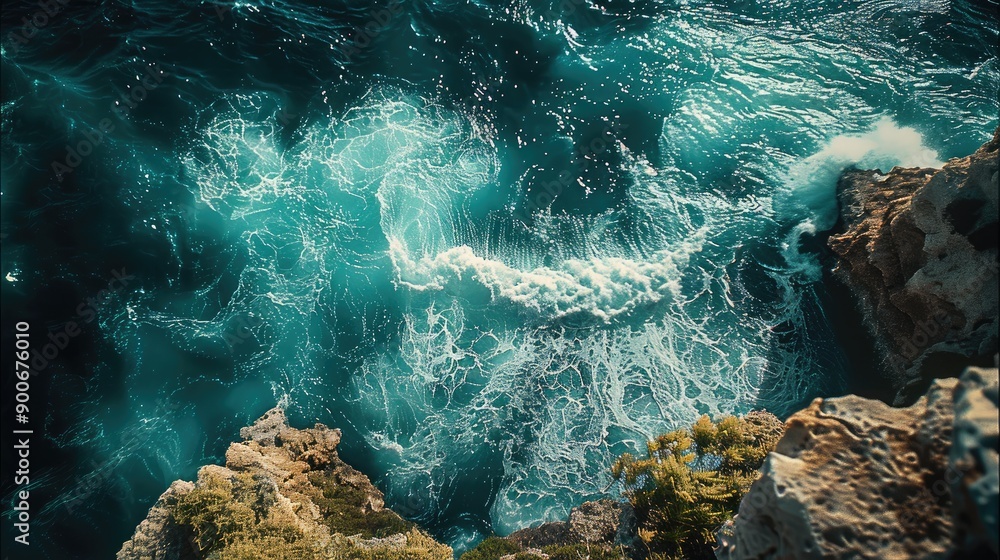 Poster a dramatic cliffside with waves crashing below, top view. generative ai.