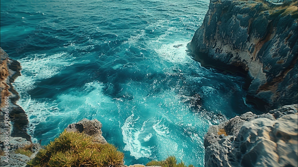 Poster a dramatic cliffside with waves crashing below, top view. generative ai.
