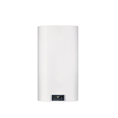 Modern tanked boiler in bathroom. Household budget water heater hanging on the wall in boiler room. Common electric storage tank water heater. Energy-efficient home heating system on white background