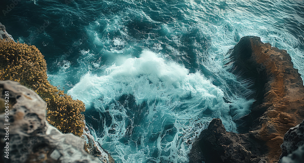 Poster a dramatic cliffside with waves crashing below, top view. generative ai.