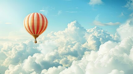 Obraz premium Pink hot air balloon flying above beautiful clouds. Motivation and inspiration concept for active summer vacation. Natural background of the sky. Cloudy landscape. Illustration of diverse design.